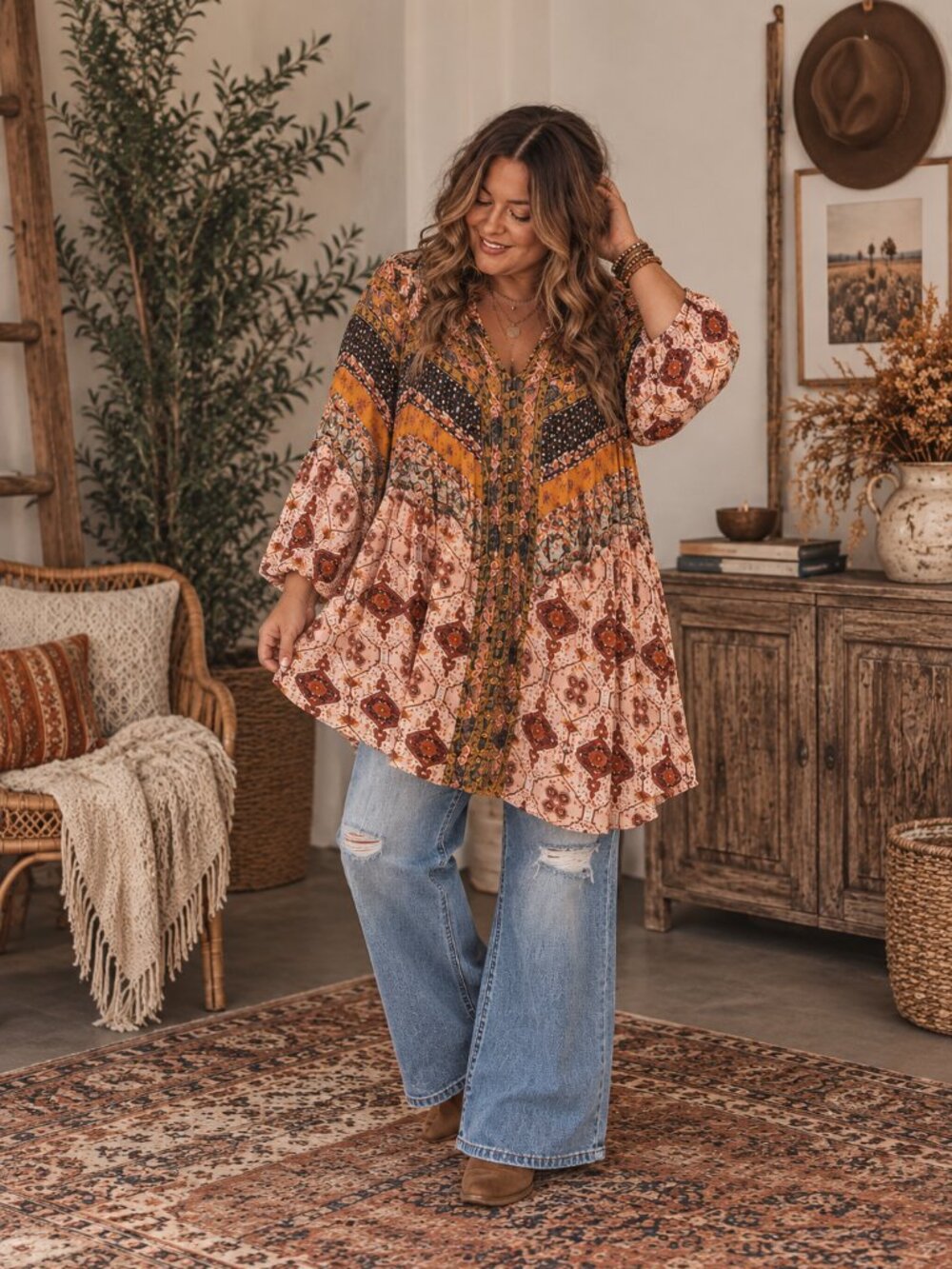 Umgee Plus Size Boho Mixed Print Tunic Dress